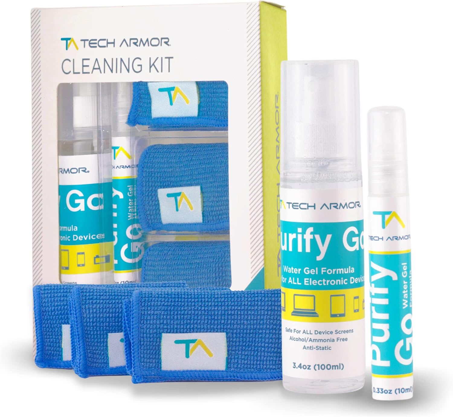 Tech Armor Screen Cleaner Kit [3.4oz +0.8oz] – Best for Smartphones, iPhones, iPads, Eyeglasses, e-Readers, Laptops, TV Screens and Monitors – Includes 3 Premium Microfiber Cloths