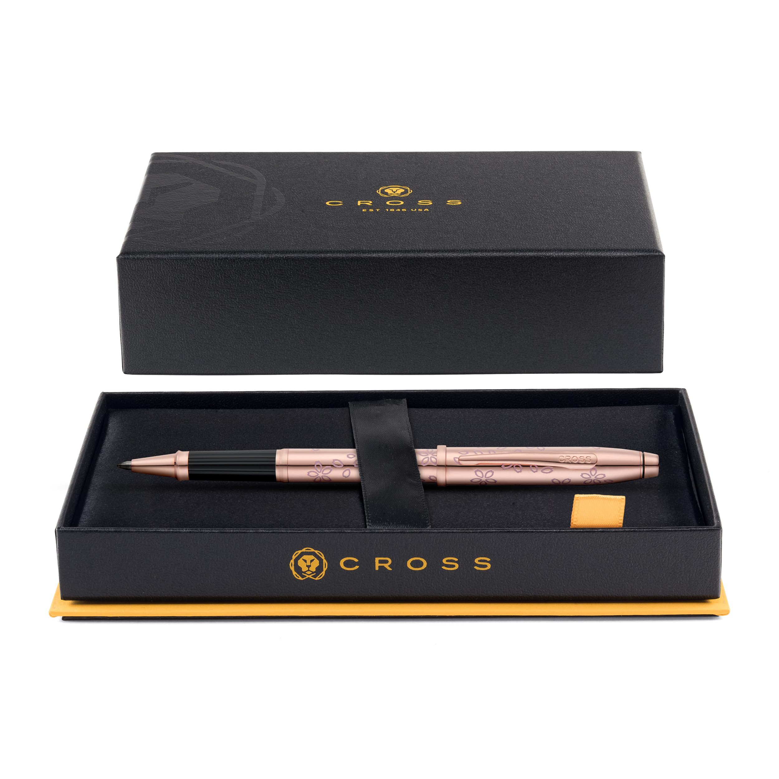 Cross Century II Cherry Blossom Stylo roller (trait M, couleur de l'encre : noir, avec boîte cadeau de qualité supérieure) Laqué or rose, ferrures en acier inoxydable plaqué or rose