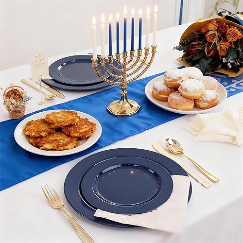 Miniatura 6 de FLOWERCAT 100 platos de plástico azul  Platos desechables azules resistentes para fiestas possoverbodasHanukkah  Incluye 50 platos de cena de 10.25