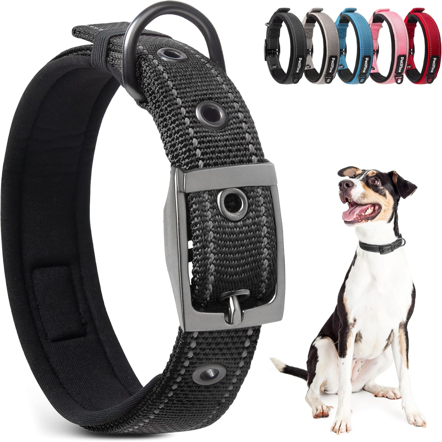 PetiFine Heavy Duty Dog Collar, Adjustable Soft Neoprene Padded Dog Collar with Metal Buckle, Reflective Belt Buckle Dog Collars for Small Medium Large Dogs (14.5''-19'', Black) : Pet Supplies