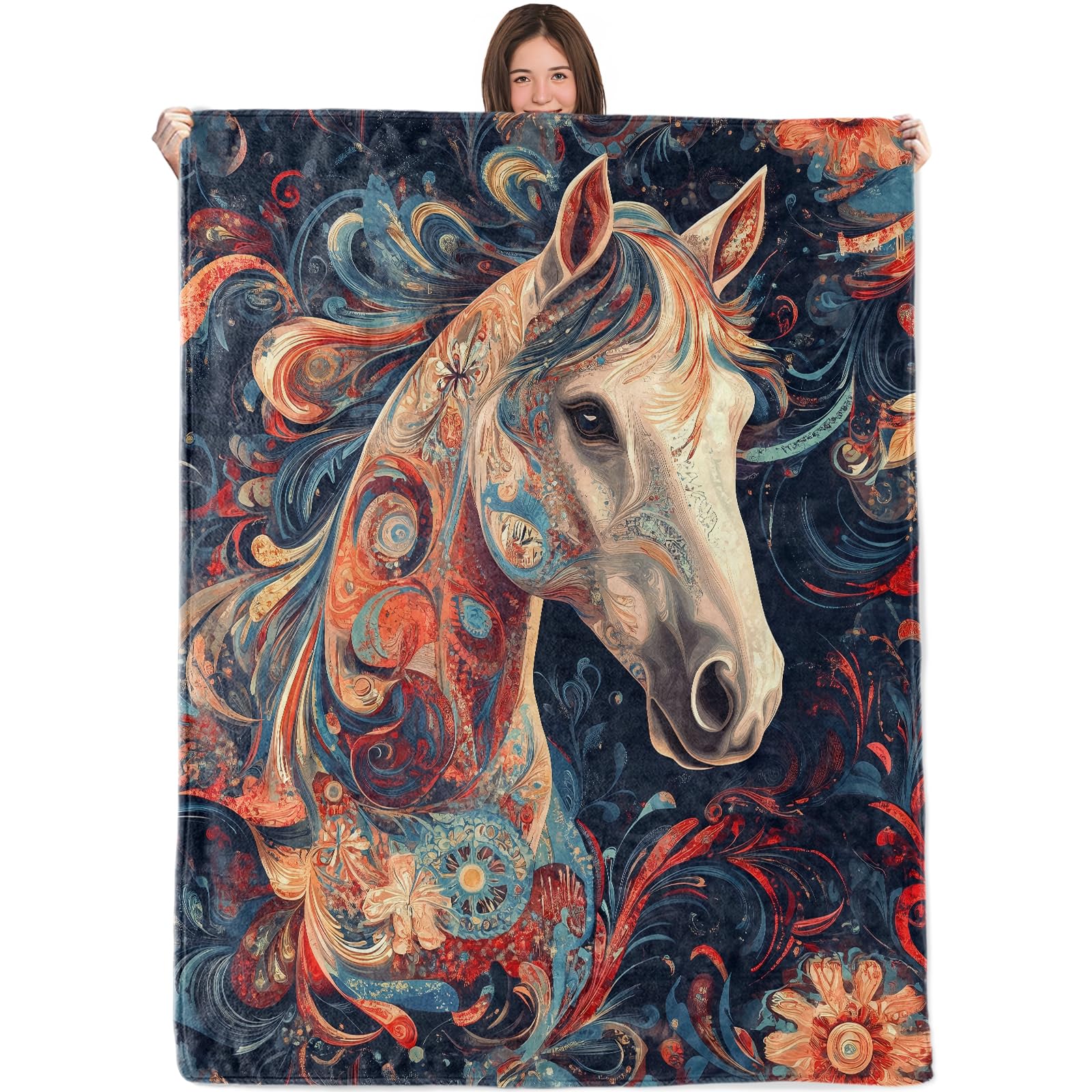 Wicked Artistic Horse Blanket,50x60in,Cozy Flannel Throw with Colorful Swirls and Floral on Dark Design,Soft Lightweight Gifts Blankets for Women,Sofa Bed Travel Cool Decor