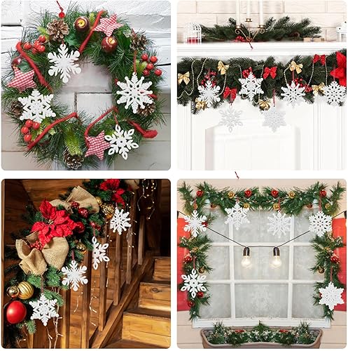 Miniatura 6 de 24 adornos de copos de nieve de madera de Navidad, adornos colgantes de copos de nieve blancos de 2.76 pulgadas, decoraciones colgantes para árbol
