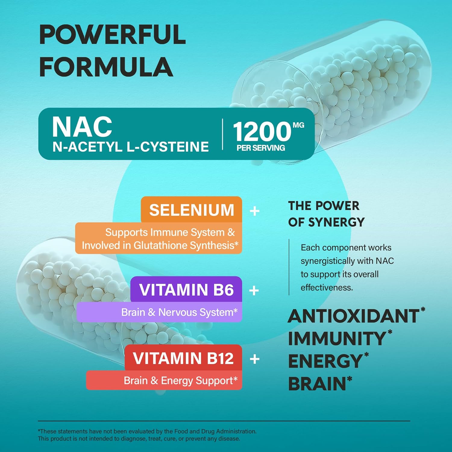 NAC Supplement | Selenium | B6 | B12 - Antioxidant, Immune Support - N Acetyl Cysteine 600 mg per Capsule, 1200 mg per Serving - Made in USA - Non-GMO, Gluten-Free, Vegan - 120 caps, 2 Month Supply - Image 6