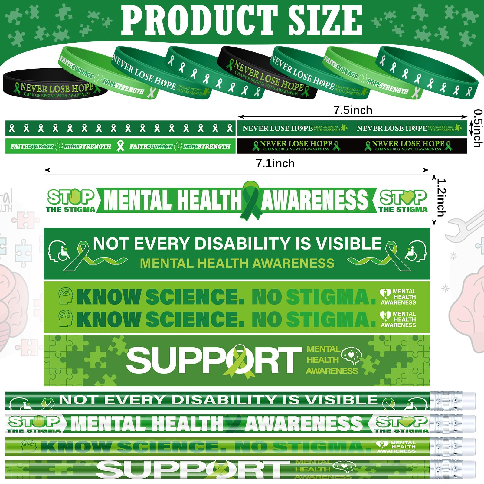 Eaasty 16 Pcs Mental Health Awareness Bracelets Pencils Set With Hope Green Ribbons Motivational Message For Kids Classroom School Gift