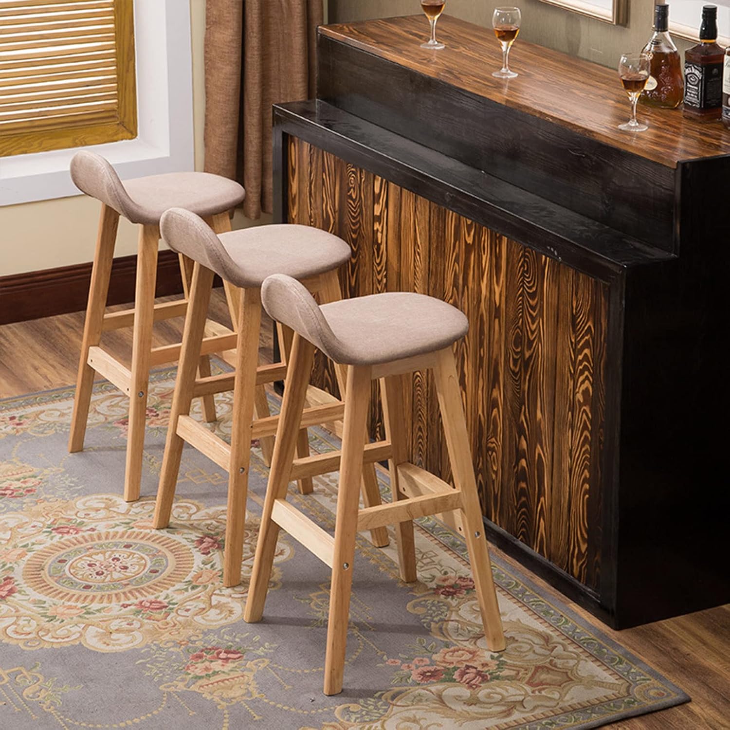 Bar Stools with Low Back, Wooden Fixed Height Bar Chairs Set of 2, Counter Height Breakfast Stool, Barstools for Kitchen Island, Recreation Room or Game Room