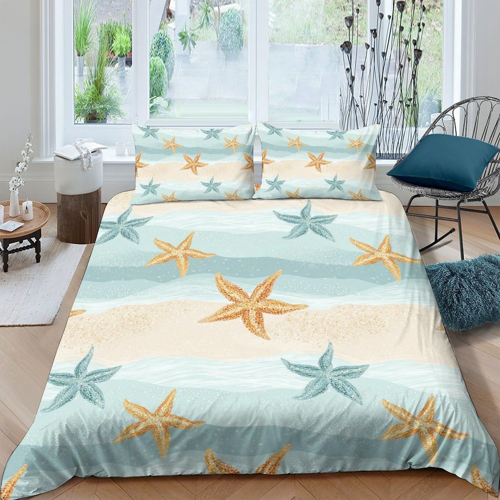 Housse de couette étoile de mer 3D en microfibre 260x220 cm pour parure de lit océan