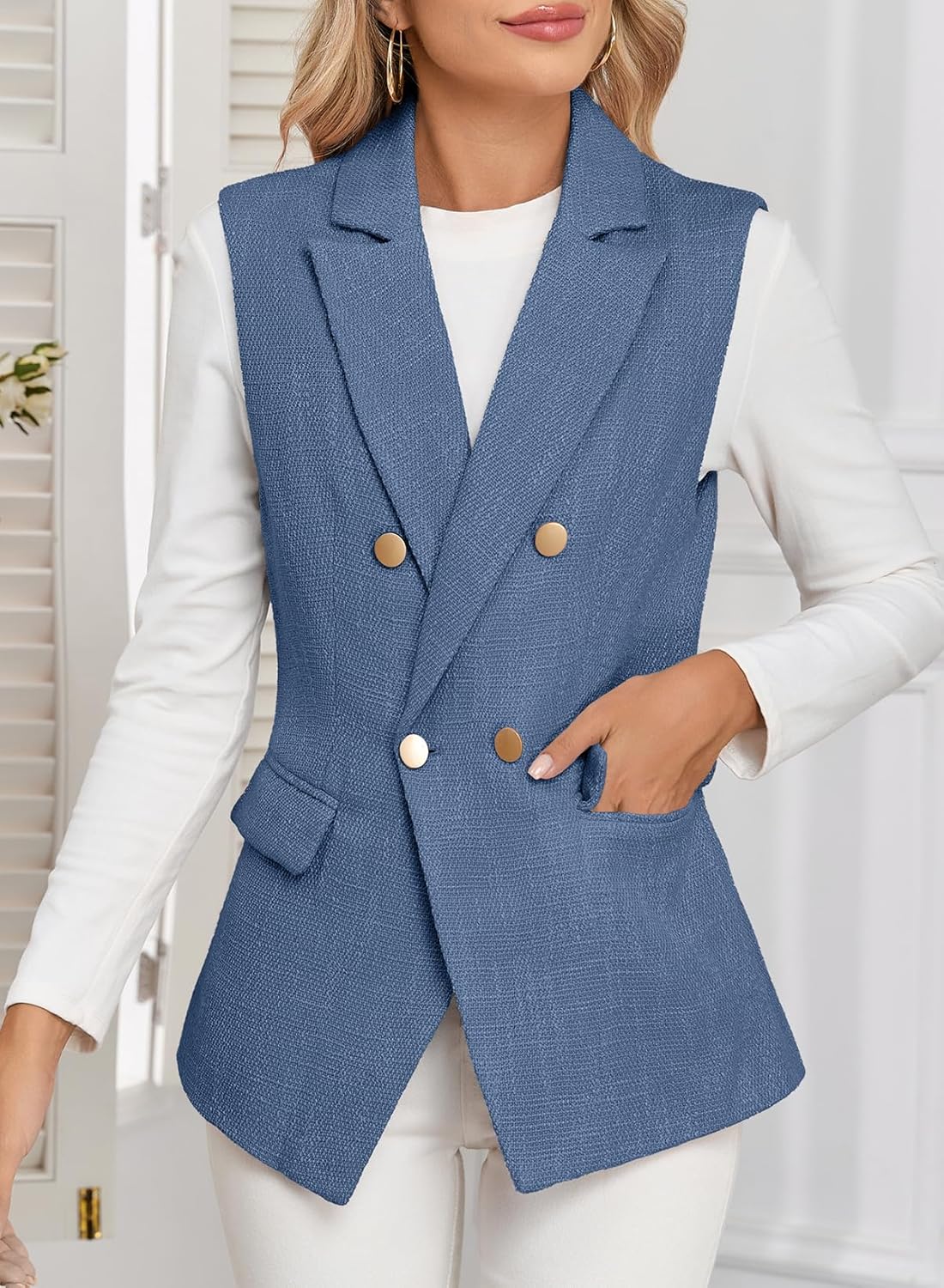 Happy Sailed Women’s Vest Tops Fall Winter Sleeveless Tweed Blazer Jackets Double Breasted Work Suit with Pockets - Image 4