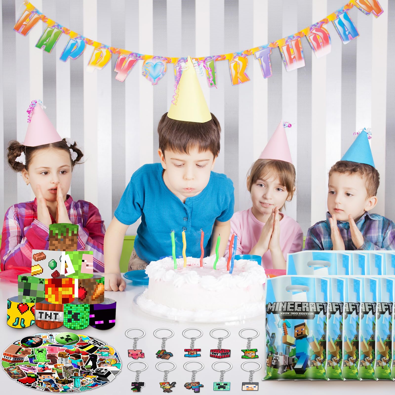 Set da 82 pezzi per feste di compleanno, con 50 adesivi, 10 sacchetti regalo, 12 nastri a scatto e 10 portachiavi stile 1