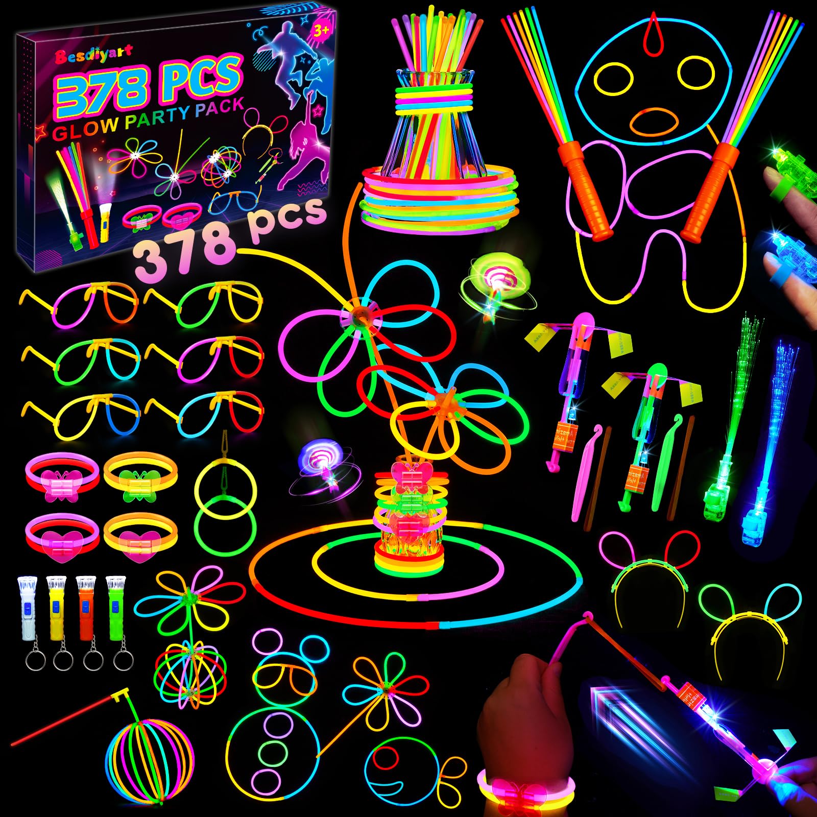 Besdiyart 378 Stück Knicklichter Party Set, Leuchtstäbe mit 200 Verbinder, Leuchtspielzeug Schleuder, Leuchtstab Glasfzaser, Leucht Brille, Armreif, Leuchtspielzeug für Festival Hochzeiten Geburtstag