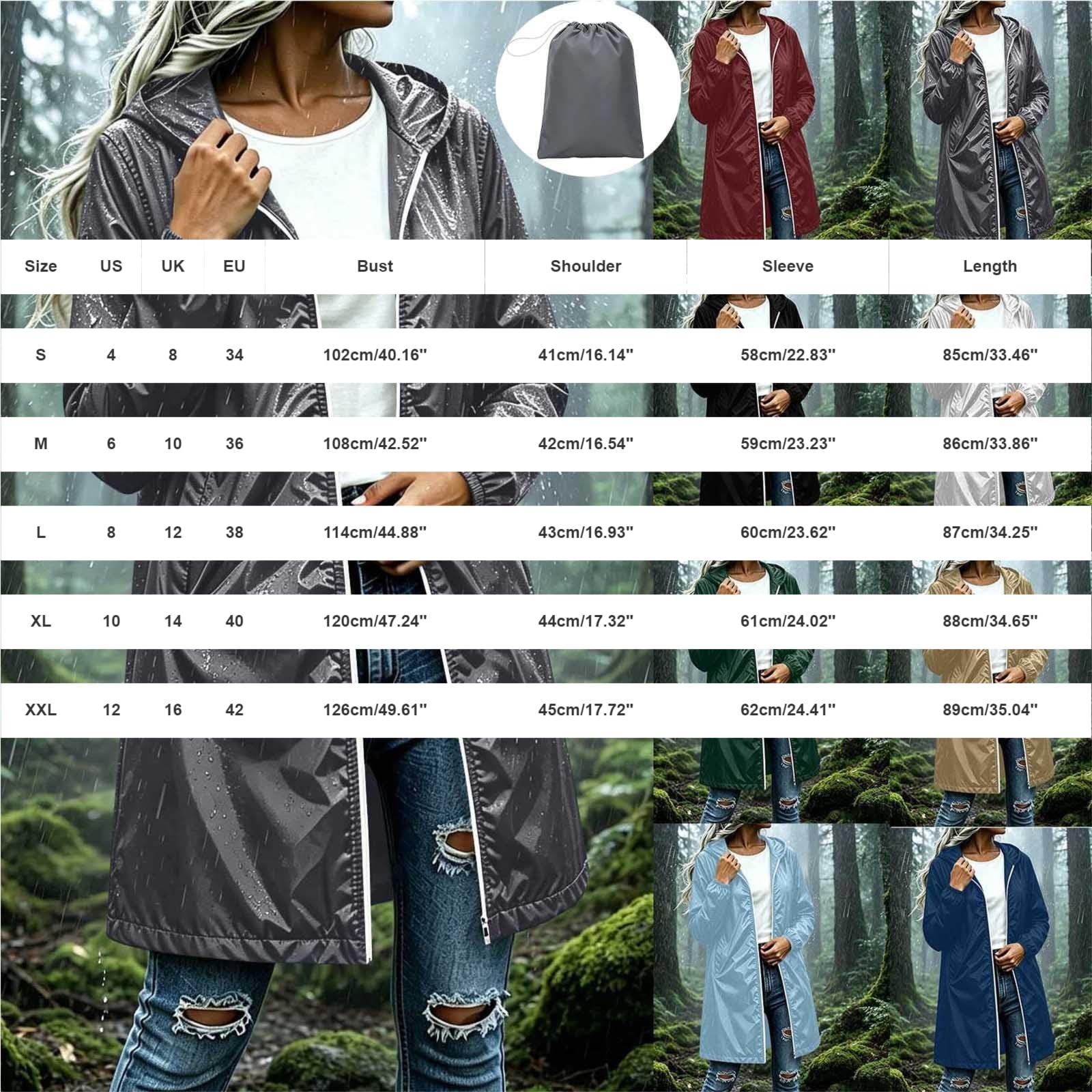 Chubasquero ligero para mujer, resistente al agua, transpirable, chaqueta de entretiempo con capucha, chaqueta con capucha, chaqueta con capucha, chaqueta cortavientos, trekking, chaqueta deportiva