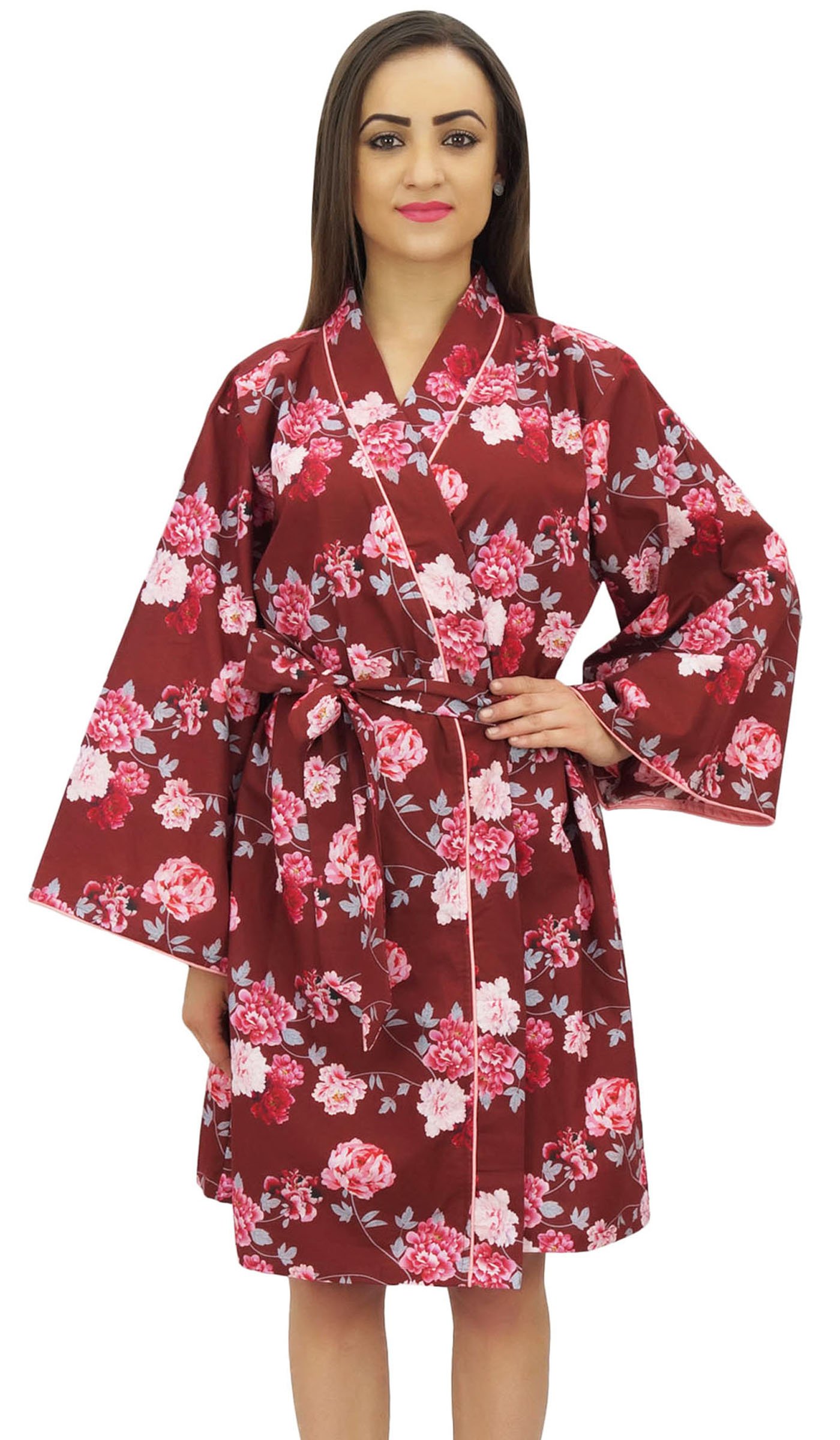 Bimba Maroon Kimono Robe con Cinturon Estampado Floral Ropa De Dormir Coverup - 52