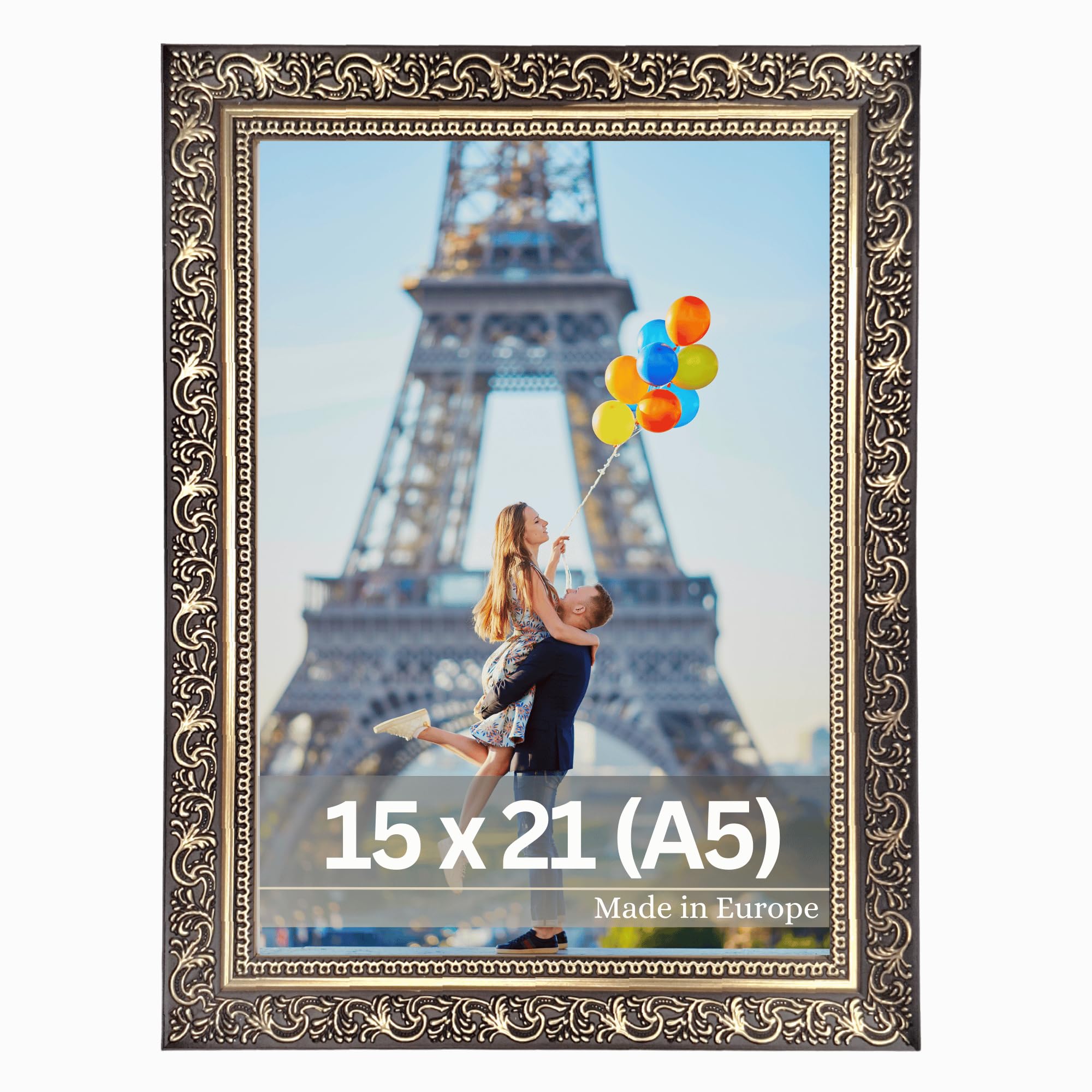 VictoR Bilderrahmen Vinci - 15x21cm (A5) - schwarz gold - vintage barock - verzierte Leiste 22x20mm - bruchsicheres Acrylglas - MDF-Rückseite - für Hoch- und Querformat - Made in Europe
