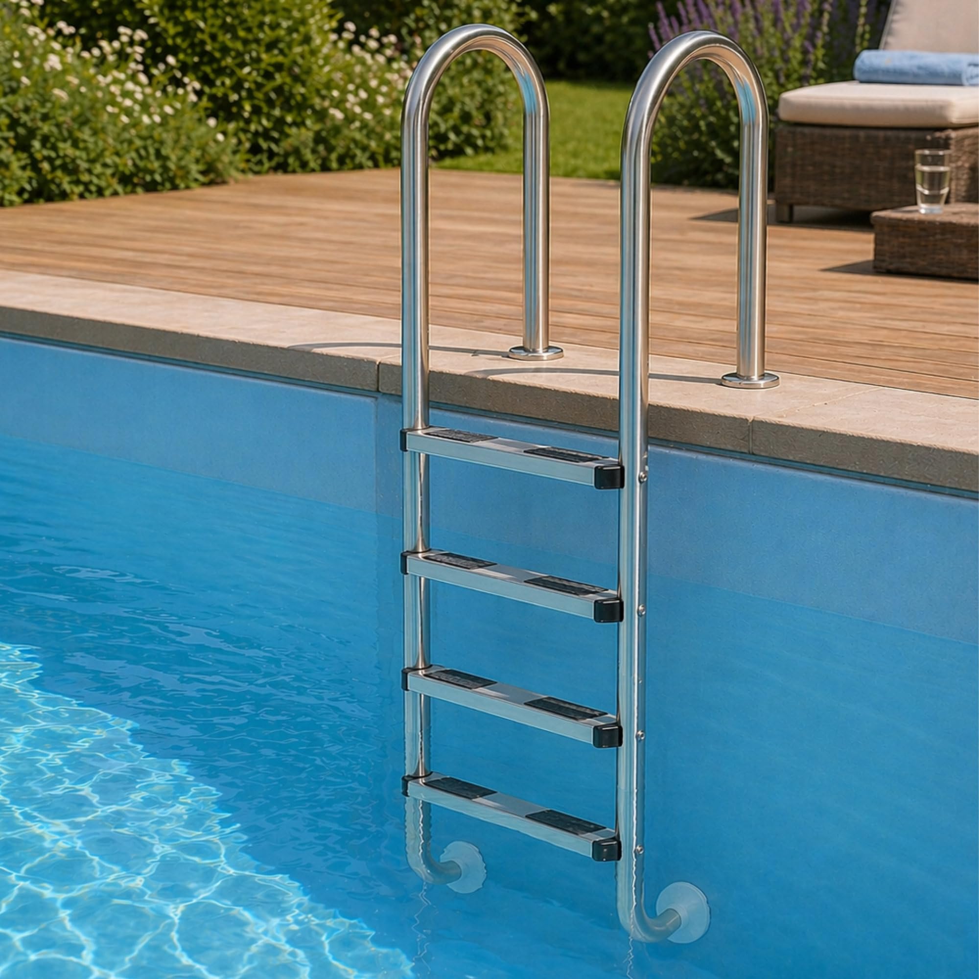 Zelsius V2A Edelstahl Poolleiter mit 4 Stufen | 50 x 35 x 182 cm - Silber | mit Rutschsicherung | Schwimmbadleiter für Pool und Schwimmbecken | Pool Einstieg, Einbauleiter, Sicherheitsleiter