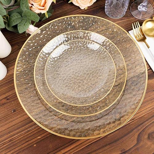Miniatura 125 de Efavormart - Paquete de 10 platos redondos de plástico martillado transparente de 9 pulgadas para aperitivos de postres con borde dorado, plato