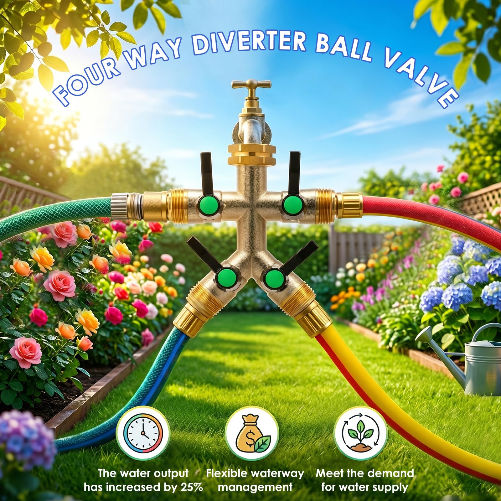 Distribuidor de agua de 4 vías, latón, manguera de jardín con válvula de bola, 3/4" NPT grifo distribuidor 4 compartimentos, para riego de jardín, lavado de coches y limpieza de patio (negro)