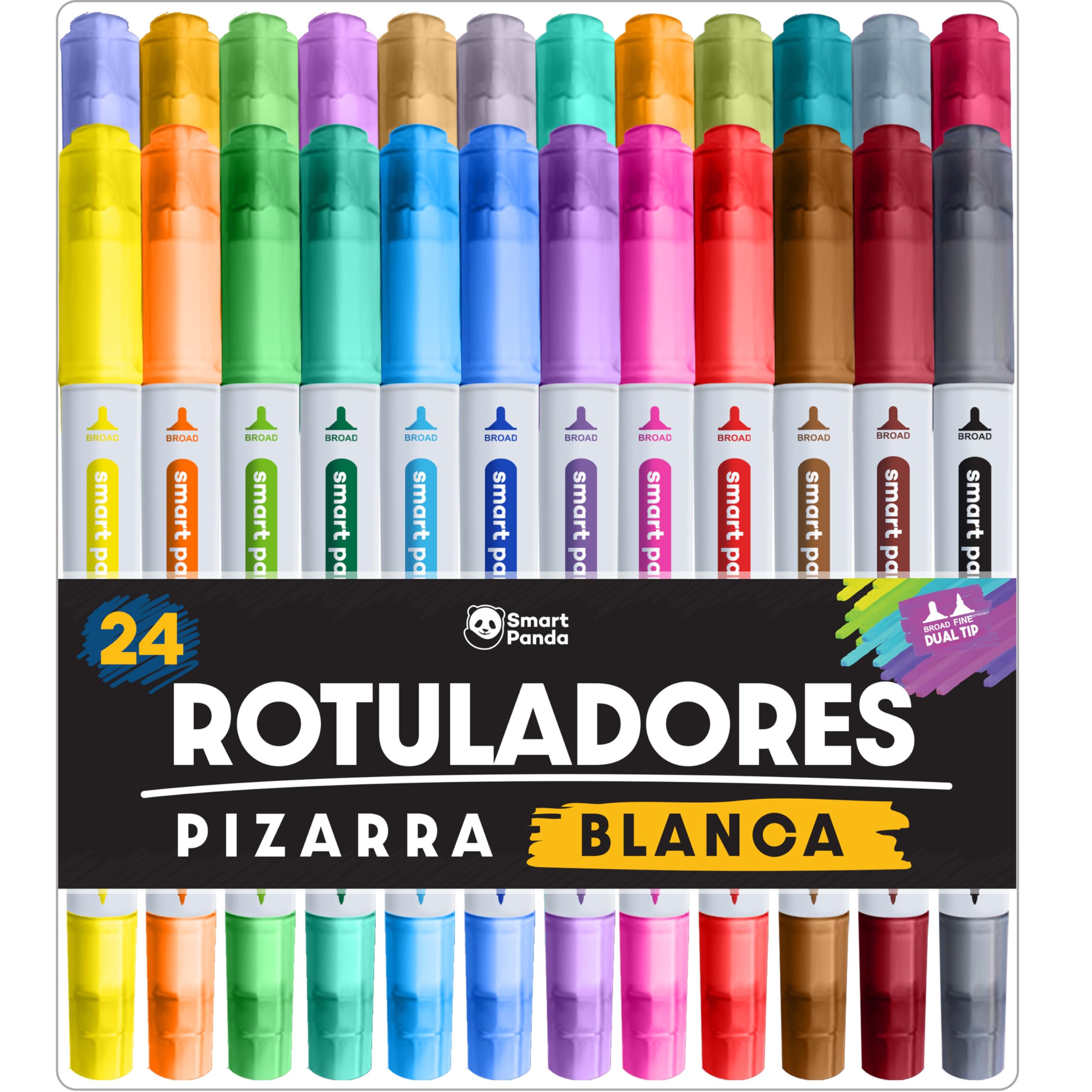 SmartPanda Rotuladores Pizarra Blanca, Punta Doble, Mediana y Fina – Borrado en Seco para el Hogar u Oficina – 24 Colores