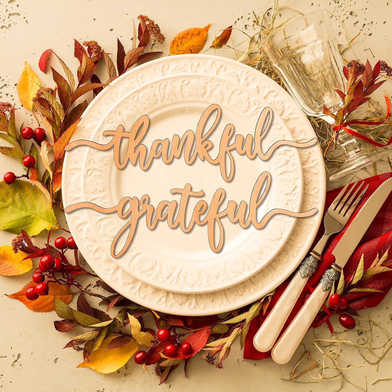 PARBEE 12PCS Thanksgiving Place Cards Thankful Wood Signs Fall Dining Table Plate Ornament Farmhouse Home Table Setting Decor - Thankful