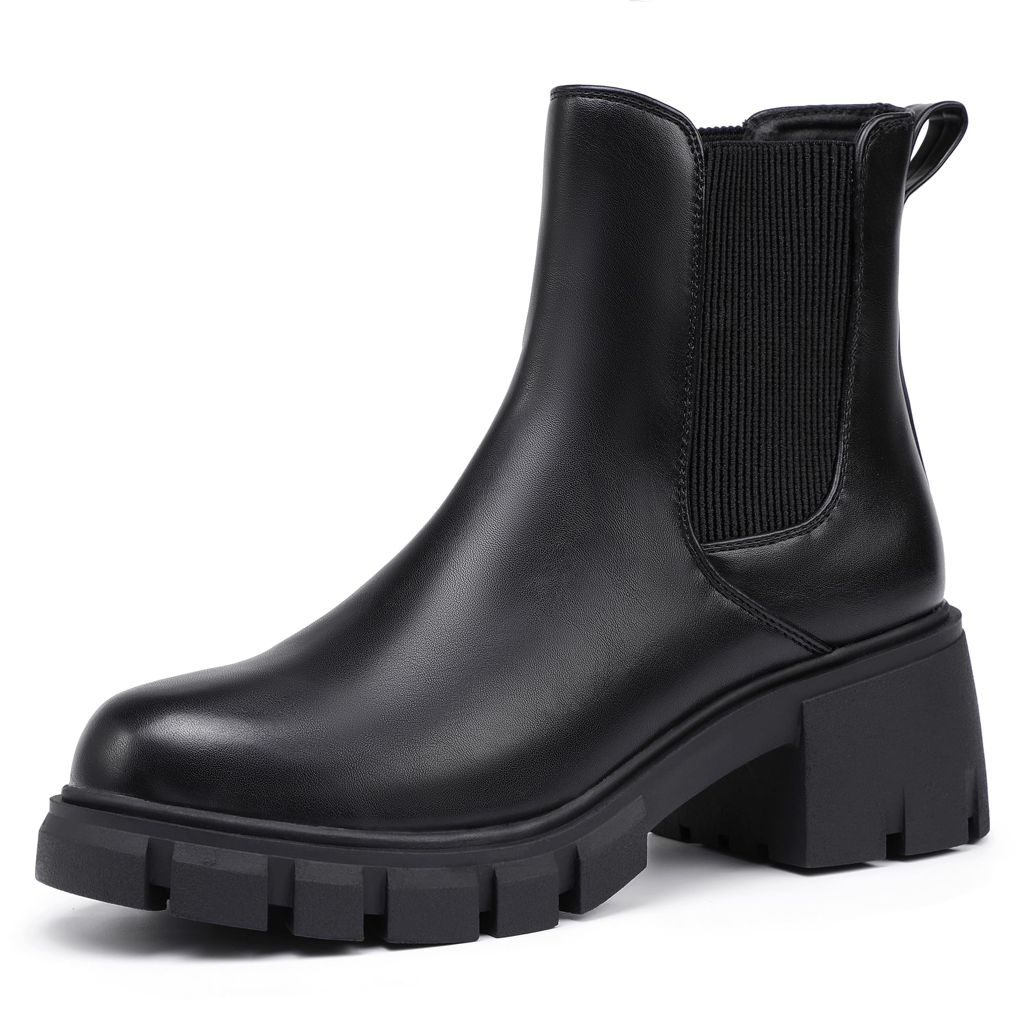 IDIFU IN2 Chelsea Boots Women Ankle Boots for Women Platform Low Heel Short Chunky Lug Sole Block Round Toe Boots Fall Dress Comfortable Fashion Booties for Women Elastic Heeled Boots