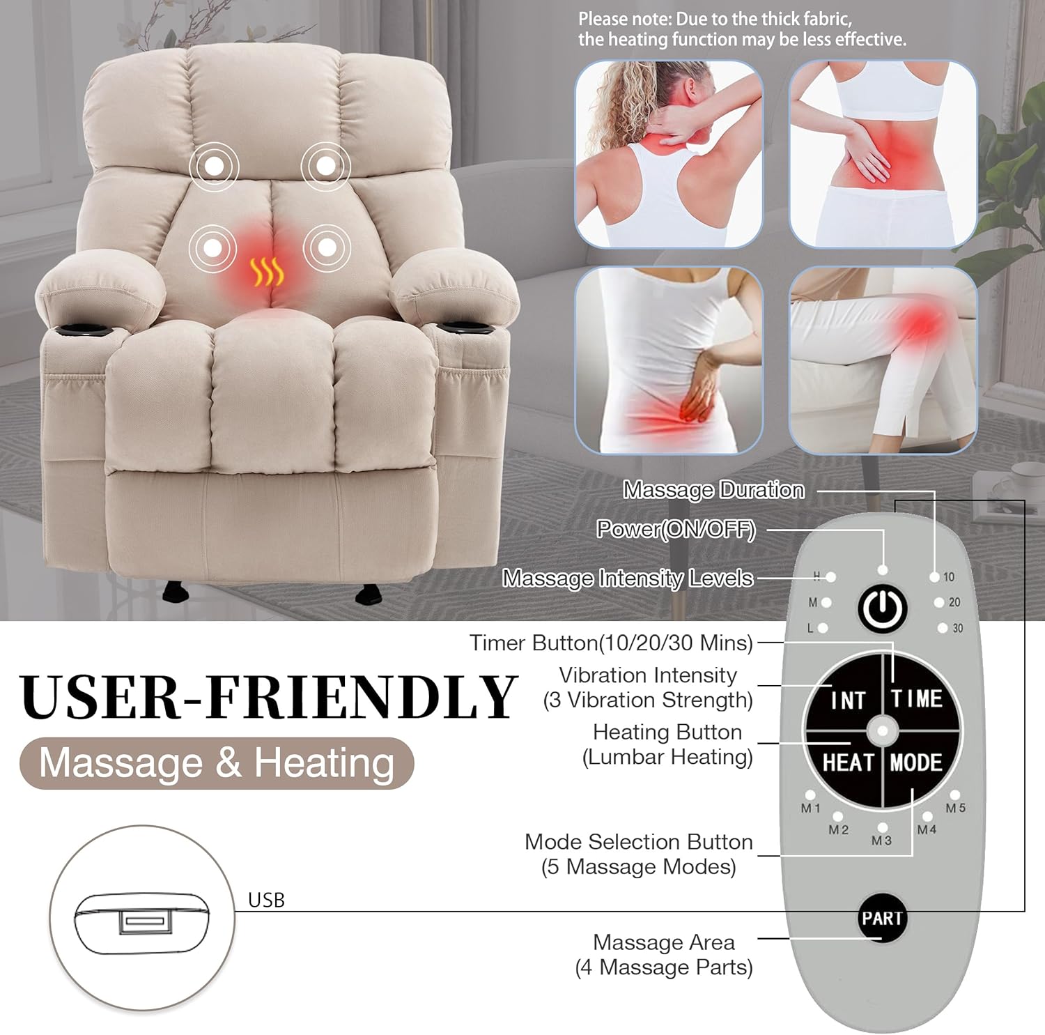 Recliner Chair with Massage Rocker Heat, Ergonomic Oversized Reclining Lounge Chair with Side Pockets, USB Charging Port, Sturdy Metal Frame, Overstuffed Nursery Rocking Chairs for Living Room