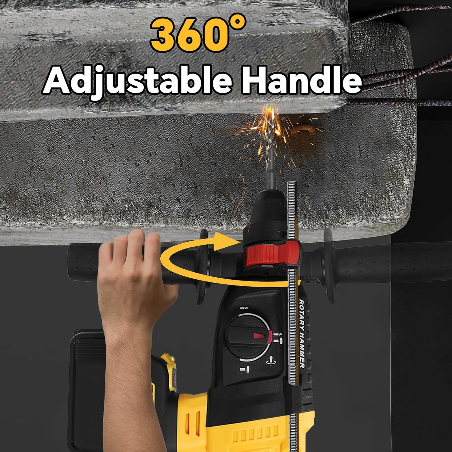 Cordless Rotary Hammer Drill for Dewalt 20V Battery, Brushless SDS-Plus 3 Joules Hammer Drill with 4 Modes, 360°Auxiliary Handle and 5 Drill Bits for Concrete/Masonry(Tool Only)