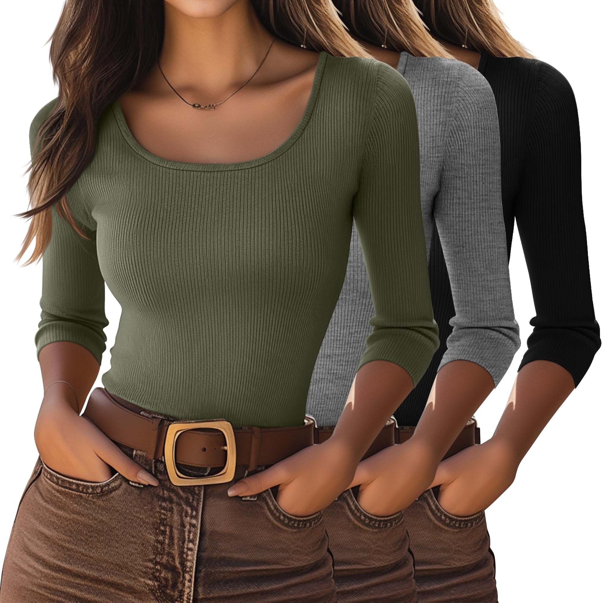 Neer Lot de 3 hauts à manches 3/4 pour femme, en coton côtelé, col rond, manches trois-quarts d'été, t-shirts basiques décontractés