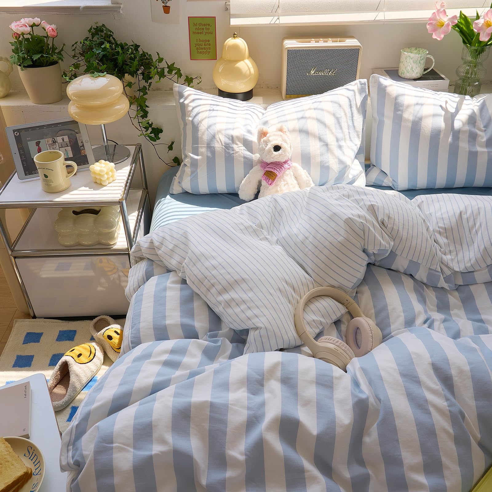 VM VOUGEMARKET Queen Duvet Cover Set Blue White Striped Teens Boys Dorm Bedding Set Soft Lightweight Reversible Microfiber Farmhouse Duvet/Quilt Cover with Zipper-90 x90,Blue White