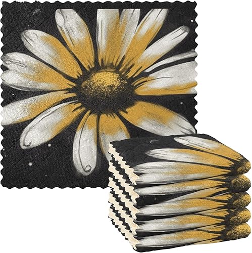 Yellow and White Daisies on Black Background Microfiber Kitchen Dish Towels Valentine Tea Towel Set Absorbent Cloth Kitchen Hand Towels Pattern