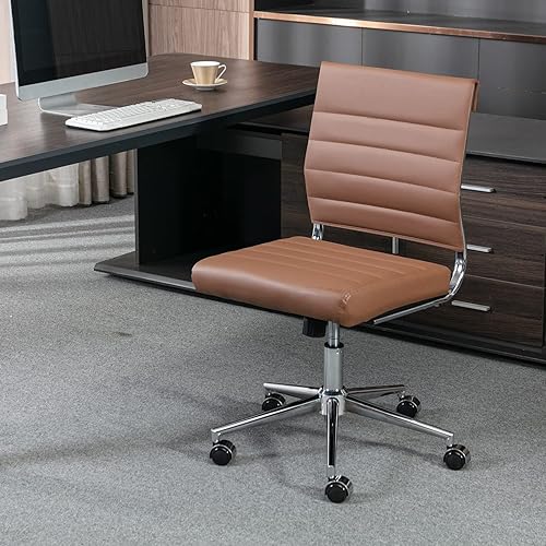 Miniatura 9 de Okeysen Silla de escritorio de oficina sin brazos marrón, Sillas giratorias ergonómicas de la sala de conferencias con respaldo medio, Silla de