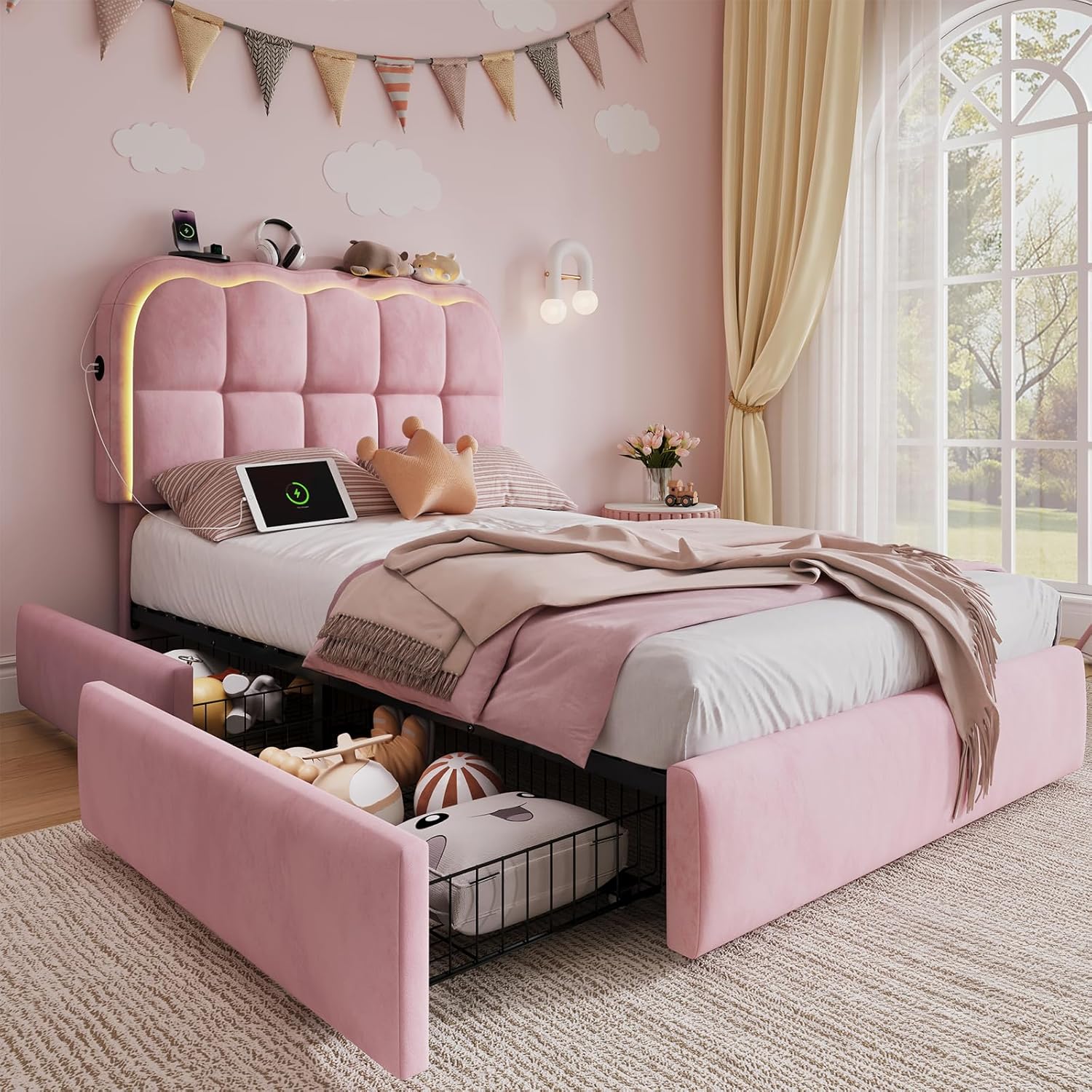 CypBed Twin Bed Frame with Storage Drawers and Headboard, Velvet Upholstered LED Platform Bed Frame for Kids – Sturdy Metal Cloud Bed Frame Twin with Wood Slats Support, No Box Spring Needed, Pink