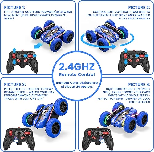 Miniatura 6 de Auto a control remoto para niños, 2.4GHz 4WD Stunt RC Car con doble cara 360 Flips, luz LED recargable todoterreno juguete auto para niños y niñas