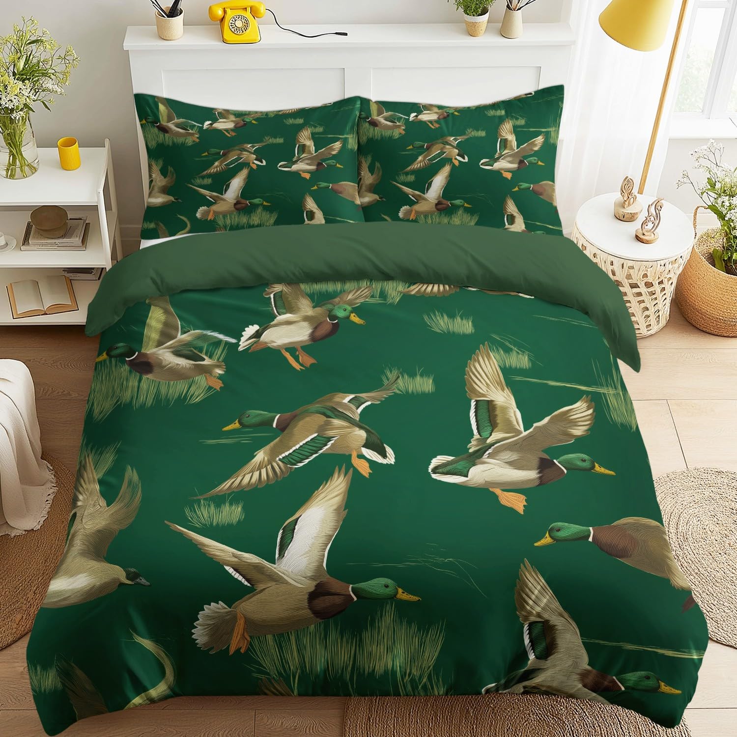 Housse de couette 160 x 200 cm canards colverts volants parure de lit microfibre