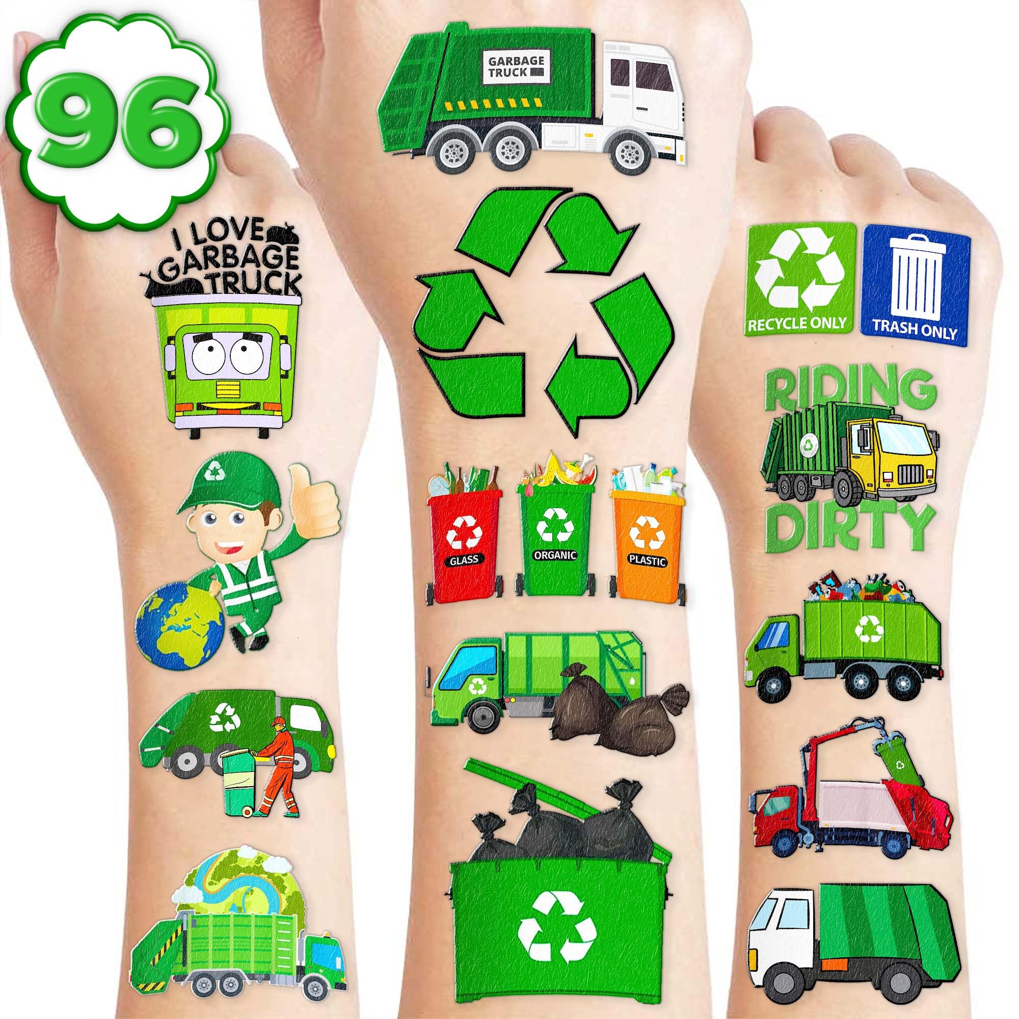 Garbage Truck Pre-Cut Temporary Tattoos for Kids – 96PCS Construction Vehicle Birthday Party Favors, Boys Party Supplies, Removable Non-Toxic Stickers, Trucks Theme Decorations