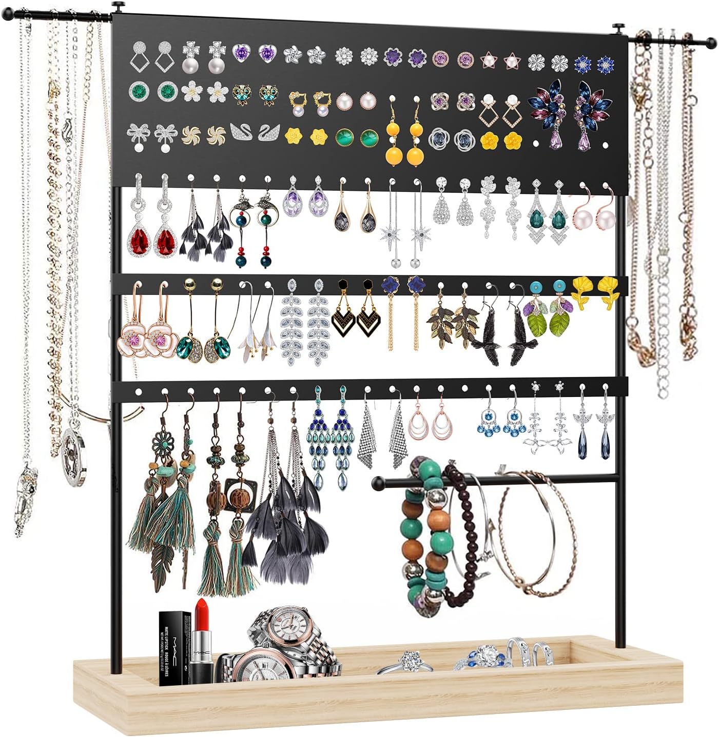 Earring Organizer Holder,Jewelry Stand Holder with Wooden Tray,3-Tier Ear Stud stand with Necklace Holder,Jewelry Organizer for Earrings Necklaces Bracelets and Watches(Black) …