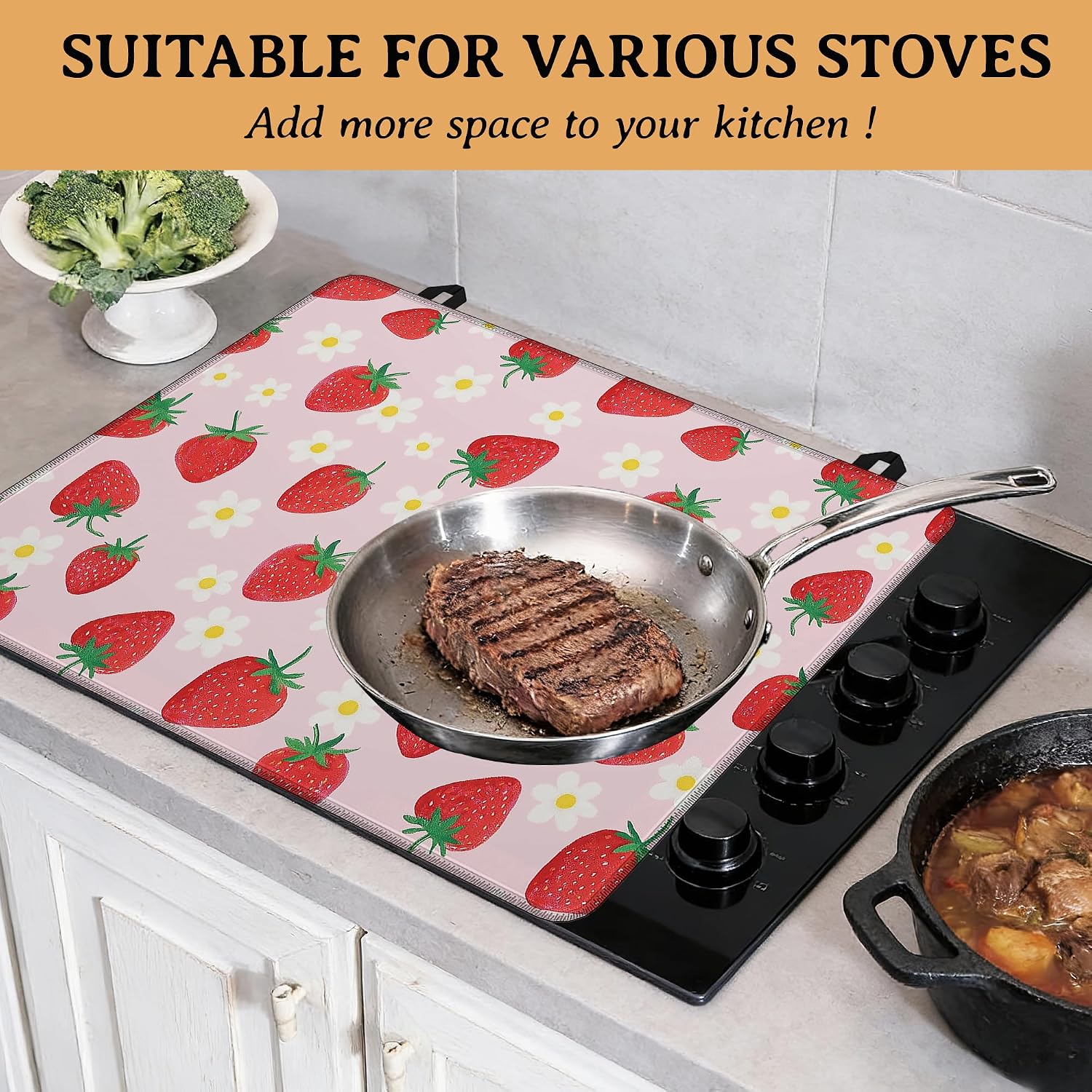 Anti-Slip Electric Stove Top Cover, 28"x20" Foldable Heat-Resistant Glass Stove Cover, Multi-Scenario Use Dish Drying Mat, Strawberry Floral