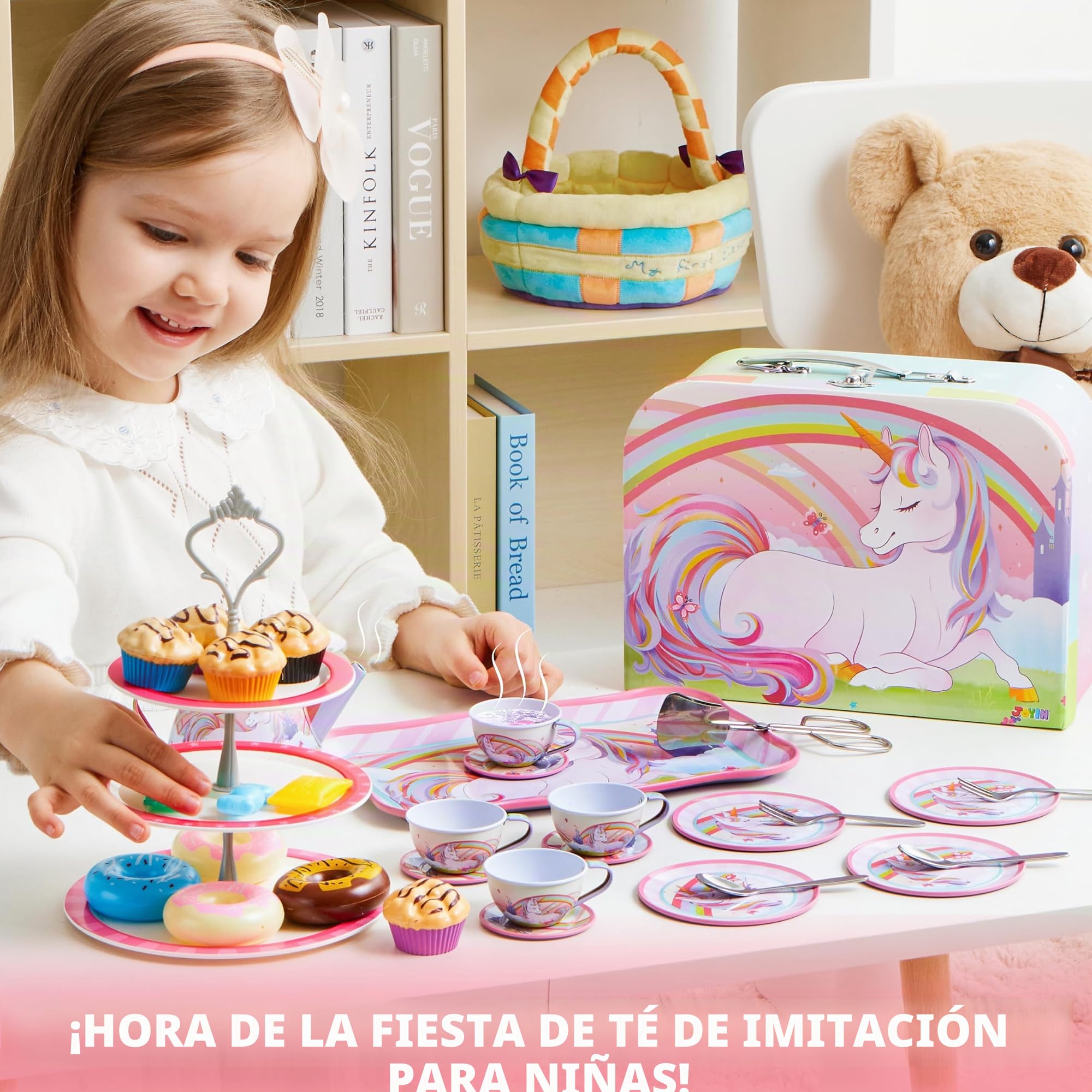 JOYIN Juego de 35 Piezas de Fiesta de té de Unicornio para niñas pequeñas, Juego de Tetera de Lata, Juguete de Cocina de Princesa con Postre, Regalo de cumpleaños para niños pequeños de 3 4 5 6 años