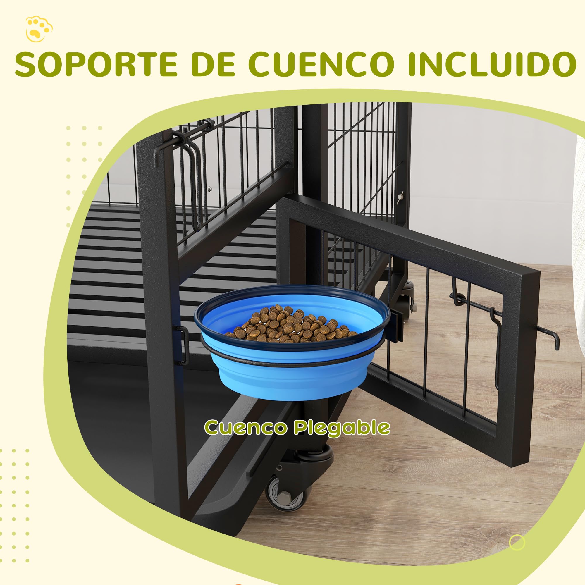 PawHut Jaula para Perros Jaula para Perros Grandes con Tapa Superior Abatible Soporte de Cuenco Bandeja Extraíble Ruedas y Puerta Doble Desmontable 92x62x73 cm Negro