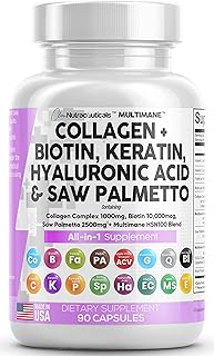 Collagen Pills 1000mg Biotin 10000mcg Keratin Saw Palmetto 2500mg Hyaluronic Acid - Hair Skin and Nails Vitamins and DHT B...