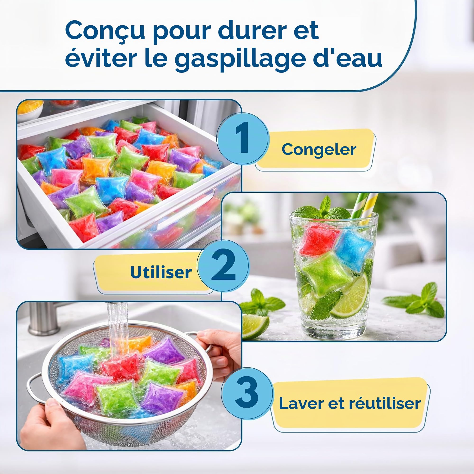 ICY-COOLS Glaçons Réutilisables pour Boissons, Glacières et Boîtes à Déjeuner – 135 pièces au total (3 lots de 45), Alternative propre et non fondante aux bacs à glaçons pour congélateur