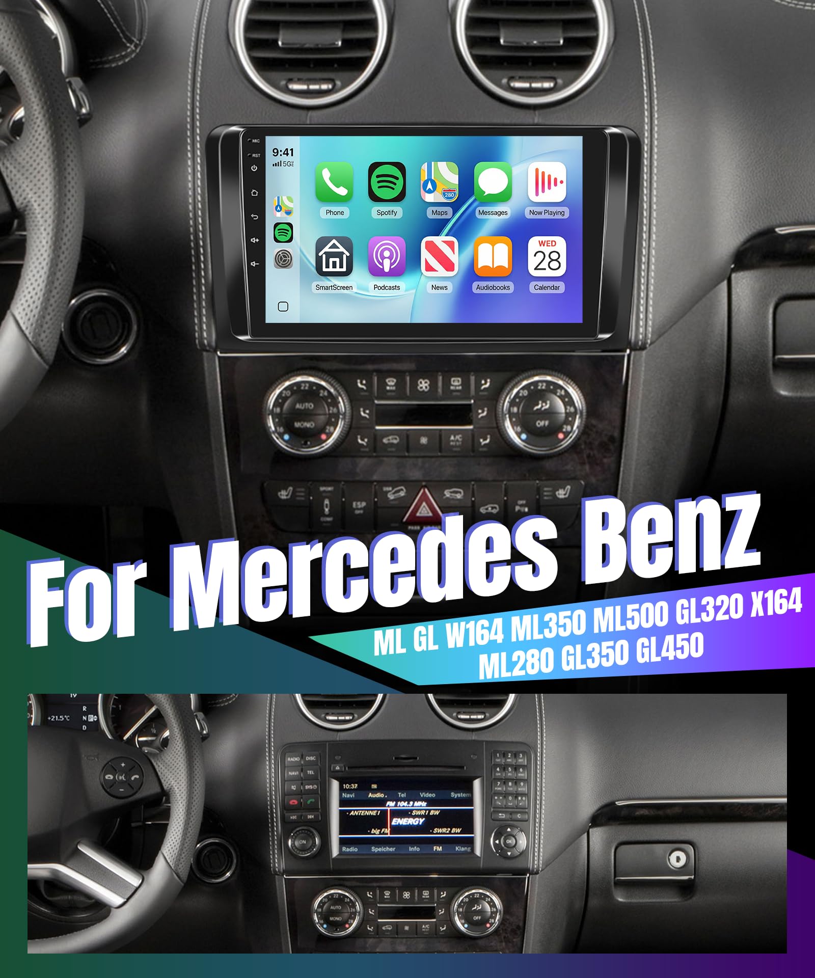 4G+64G Wireless Carplay Android Autoradio für Mercedes Benz ML GL W164 ML350 ML500 GL320 X164 ML280 GL350 GL450 9 Zoll Autoradio mit Android Auto Navi GPS WIFI Bluetooth FM/RDS 32EQ/USB Rückfahrkamera