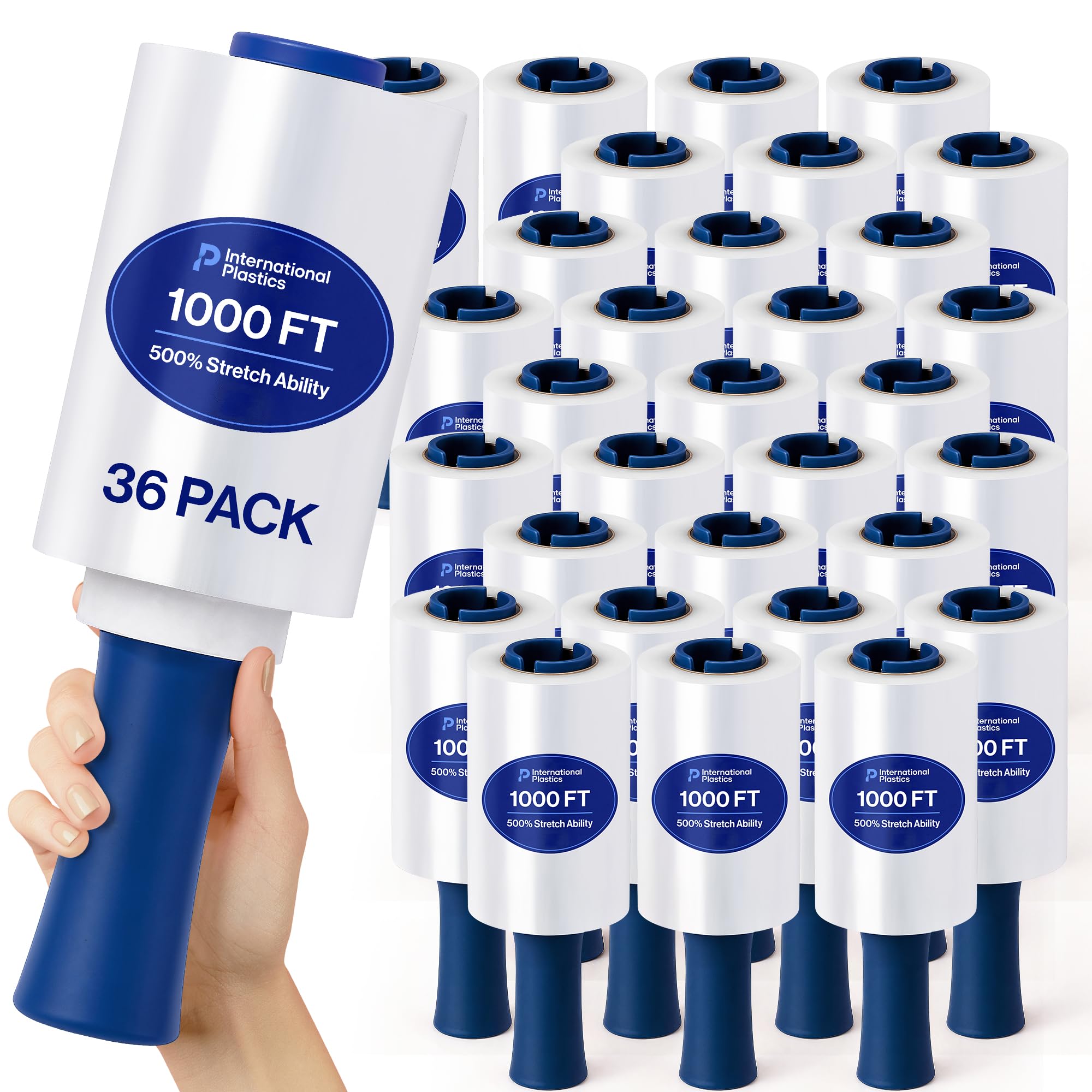 International Plastics Co. 5" Plastic Stretch Film Wrap with Rotating Handle 1000 feet 500% Stretch Ability (36 Pack, 5" Spinning Handles)