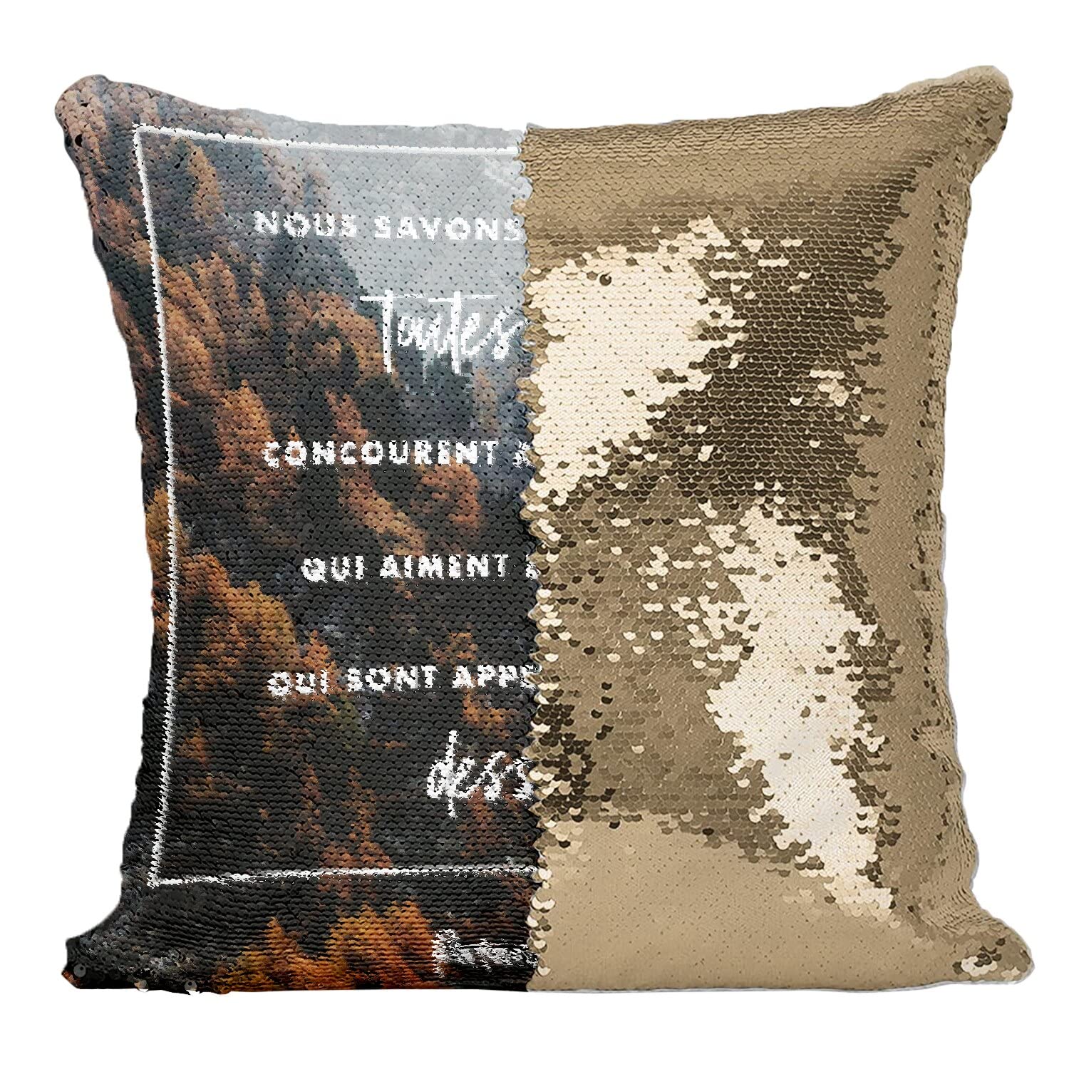 Coussin Sequin Doré Romains 8:28 - Retrouvez la Paix Intérieure chez Vous