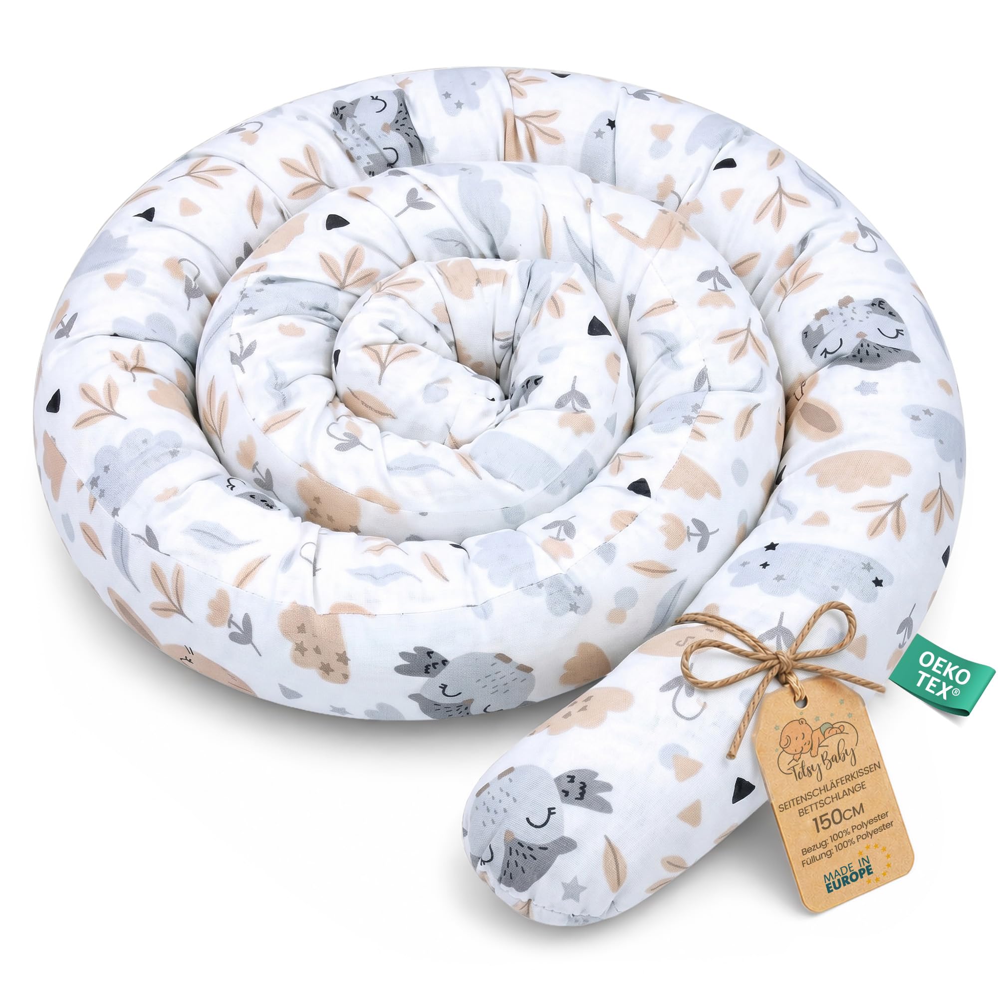 Totsy Baby Coussin serpentin XXL Roulé de lit Bordure - 150 cm - d’Allaitement décoratif Protection Bord Serpent XL Fait Main Motif Hiboux Gris Clair Certificat Oeko-Tex