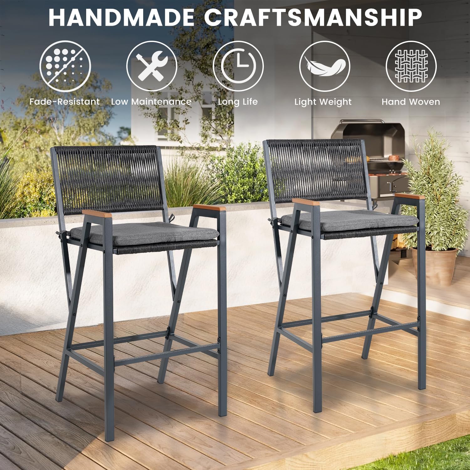 Sundale Outdoor Wicker Bar Stool, Counter Height Patio Pub Chair with Cushion, Rattan Woven Metal Modern Barstools, All-Weather Outdoor Furniture (2, Grey)