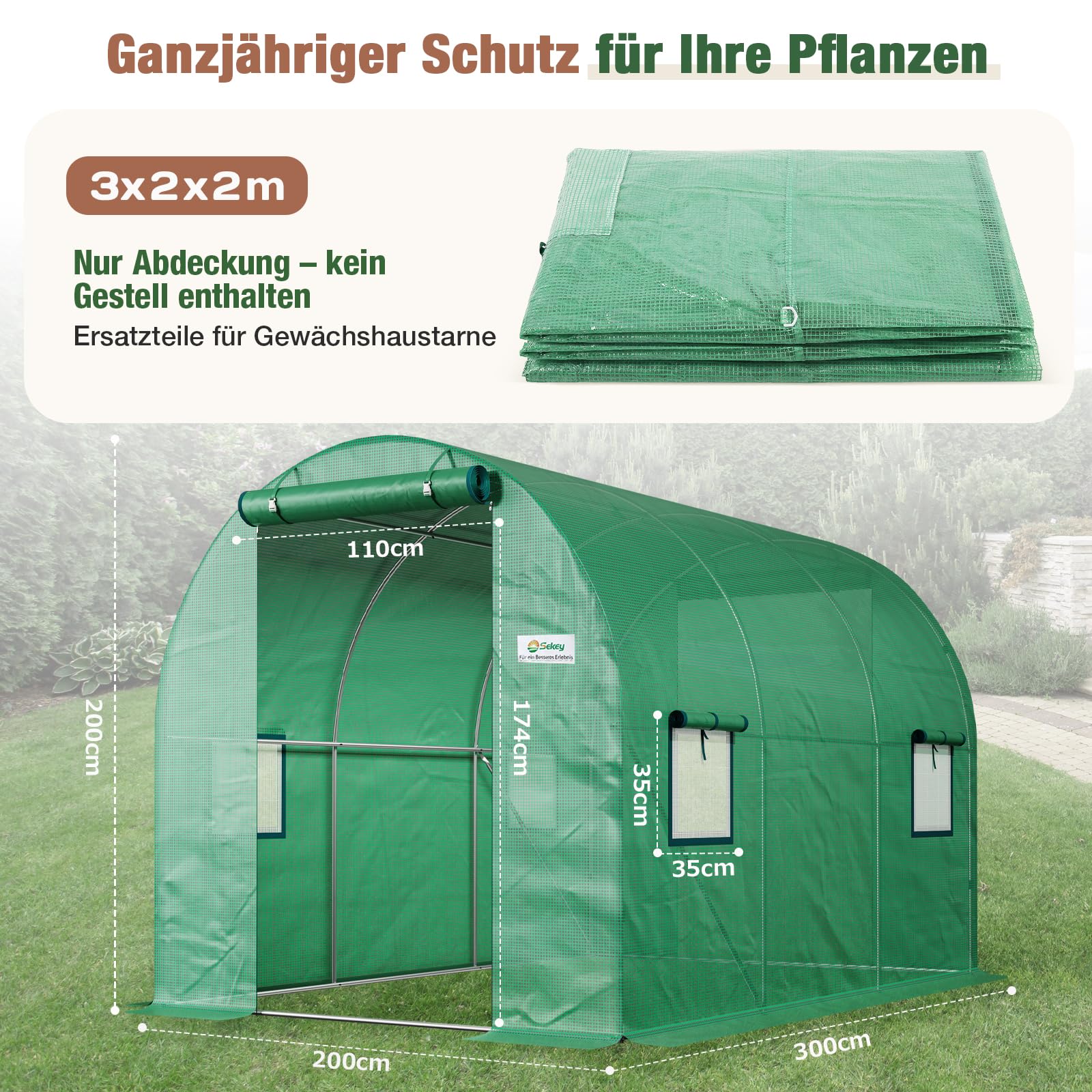 Sekey Ersatzfolie 3x2x2m für Folientunnel – 140g/m² PE Gitterfolie mit 4 Fenstern & 2 Türen – UV-beständig & Reißfest – Ersatzabdeckung für Treibhaus & Tomatenhaus (Grün, Ohne Gestell)