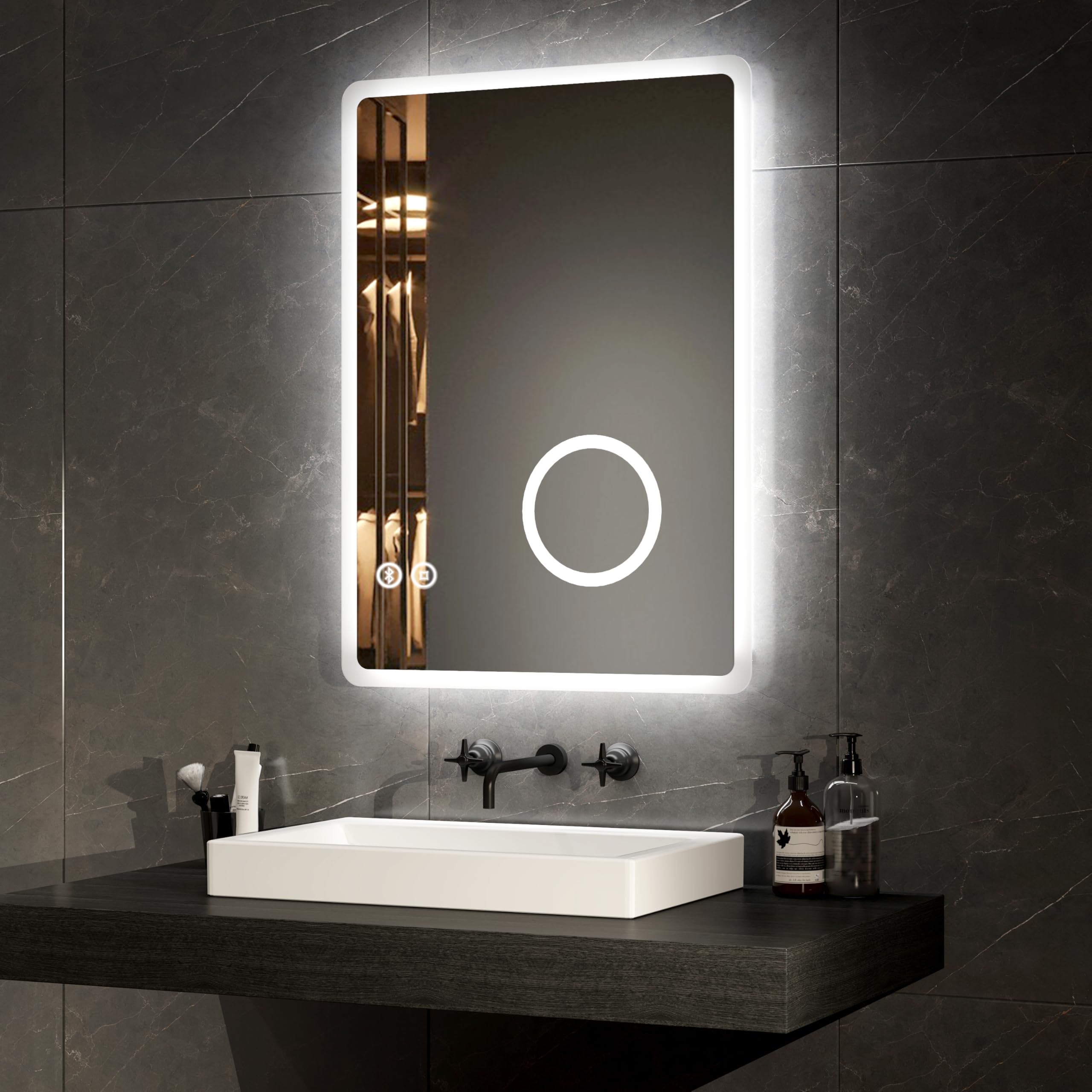 EMKE LED Bathroom Mirror with Shaver Socket 500x700mm, Bluetooth Bathroom Mirror with Lights, Backlit Wall Mounted LED Mirror with 3X Magnifier, Bluetooth Speaker, Vertical, IP44
