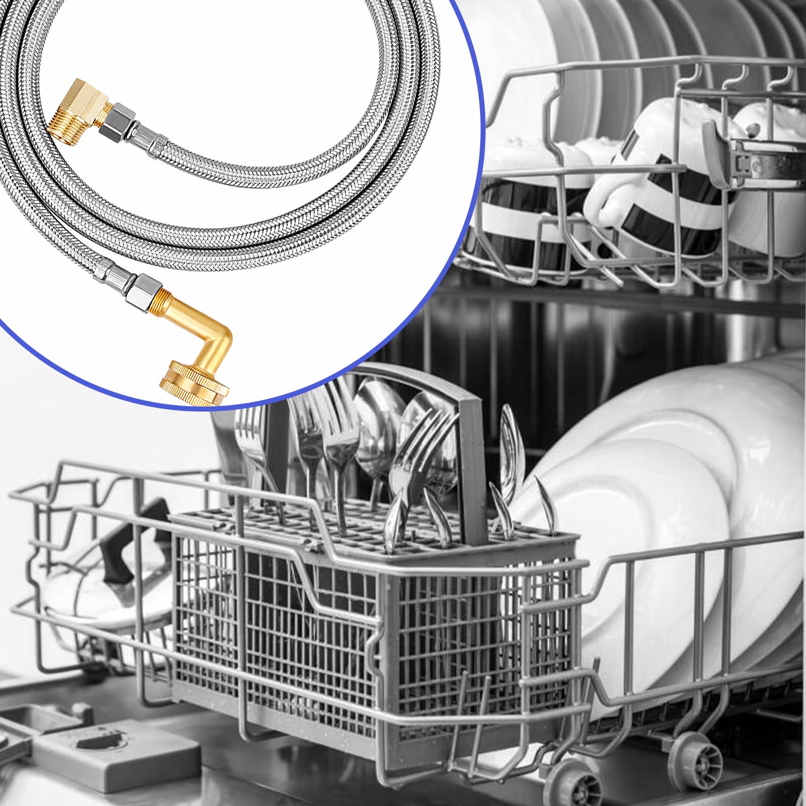Kit de instalación de lavavajillas de 10 pies, conectores trenzados de acero inoxidable para lavavajillas, línea de suministro de compresión de 3/8 pulgadas, conexión de corta distancia