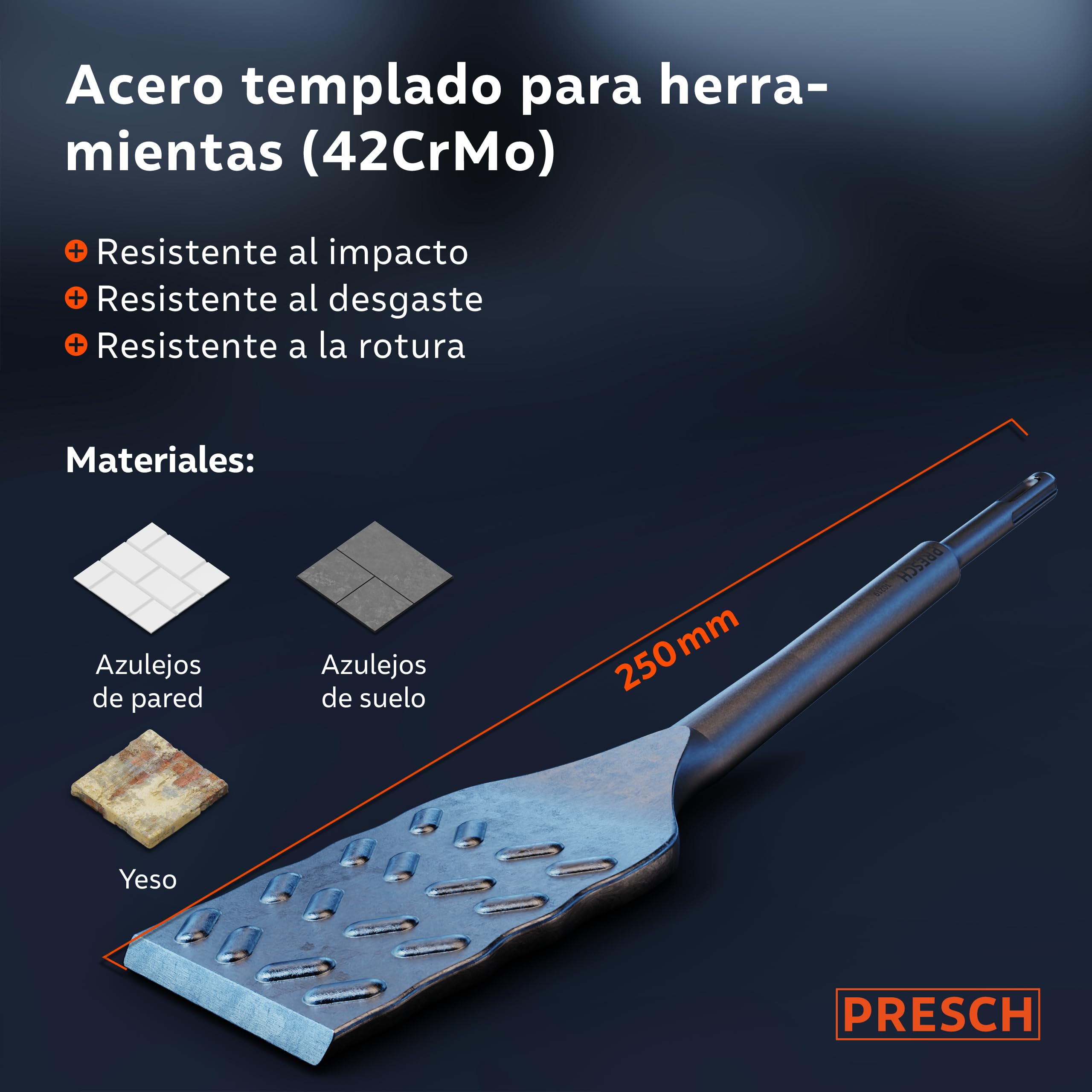 PRESCH SDS plus Cincel Azulejos - Extra largo (250mm) - Bord de corte extremadamente duradero (50mm ancho) - Acodado para facilitar la extracción de azulejos - Acero de alto rendimiento