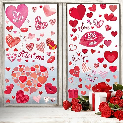 9 hojas de calcomanías de doble cara para ventana del día de San Valentín, diseño de corazón de amor, labios rosados y rojos, calcomanías para