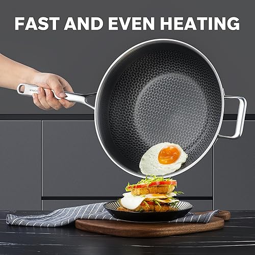 Miniatura 7 de ZEROPAN Wok híbrido de 12 pulgadas con tapa, woks antiadherentes de acero inoxidable y sartenes para freír, sartén wok, PFAS PFOA sin PTFE, apto