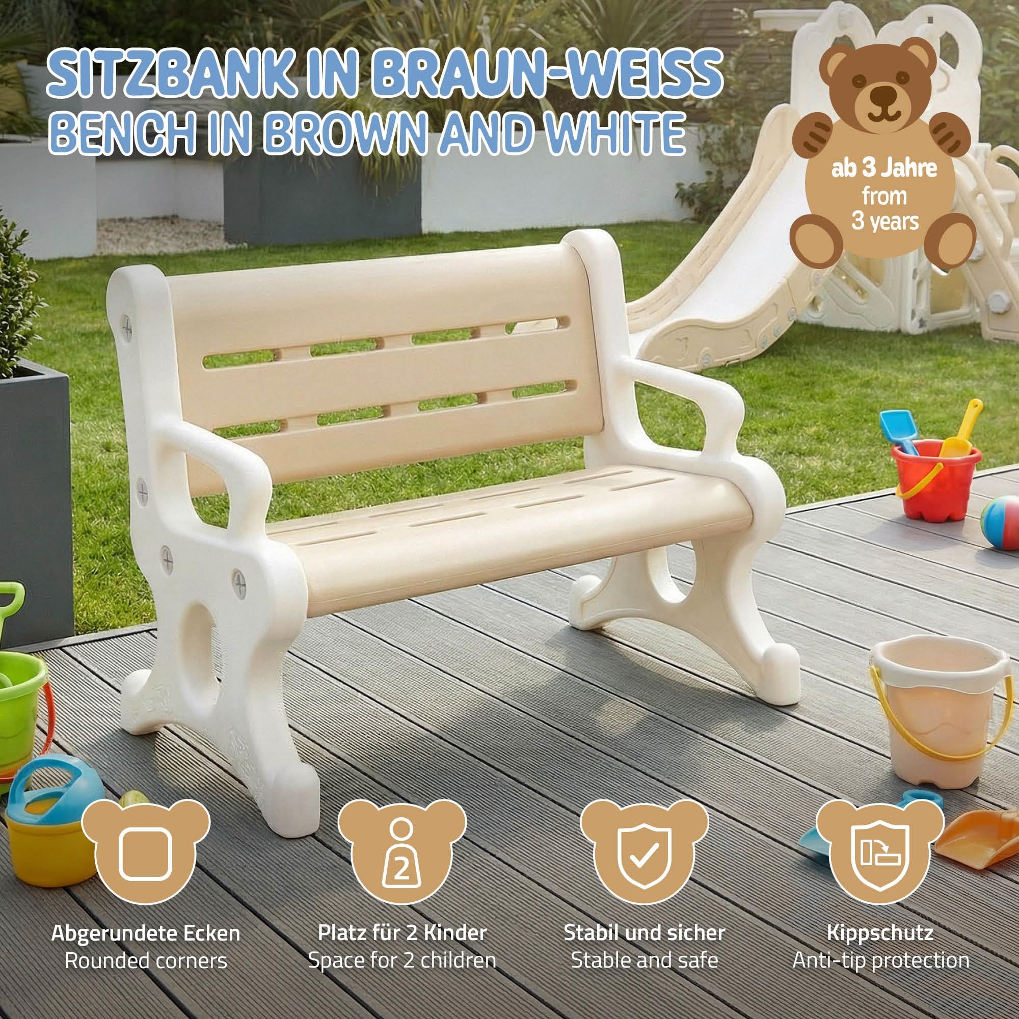 Joyz Banc Enfant Extérieur en Plastique, 2 Places, Dès 3 Ans, Marron et Blanc, avec Accoudoirs, Protection Anti-Basculement & Système d'Emboîtement, Résistant aux Intempéries, 81,5 x 59,5 x 48 cm